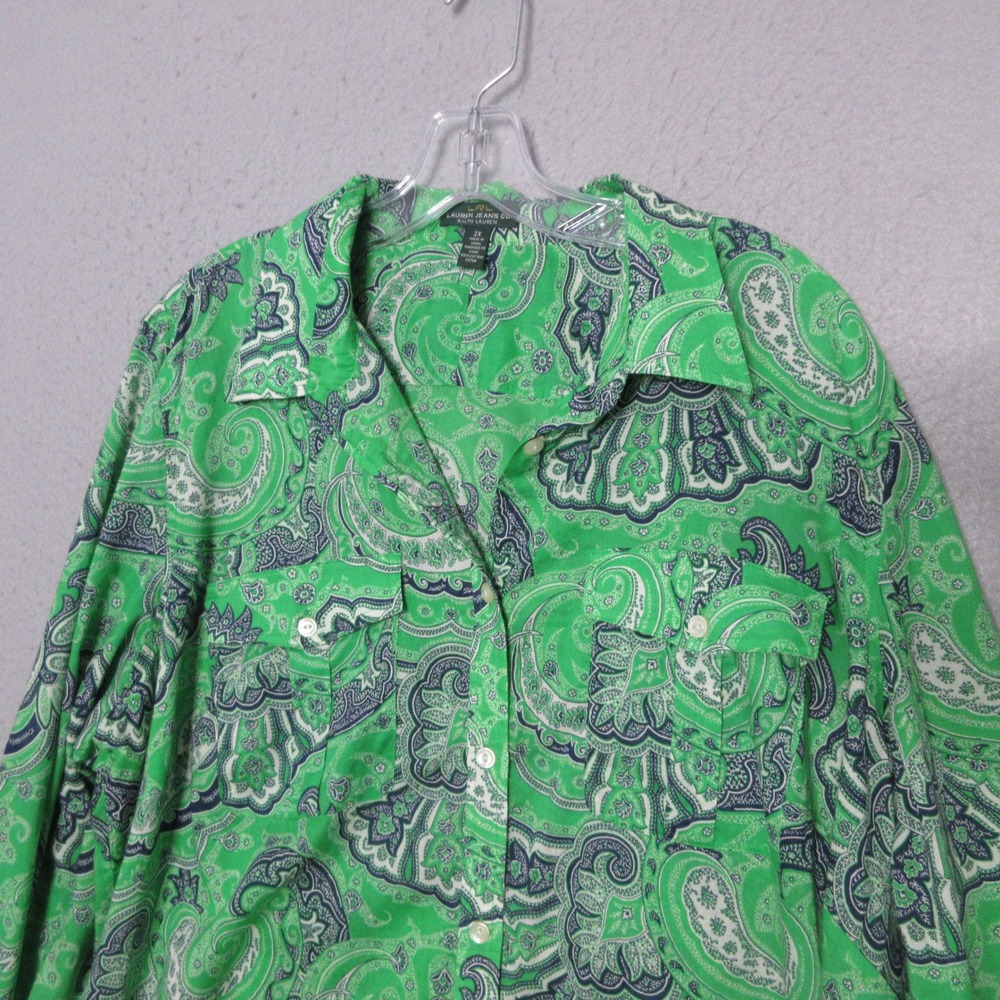 Lauren Ralph Lauren Top Plus 2X Green Paisley LRL Cotton Shirt‎ Old Money Tabbed - Picture 3 of 9